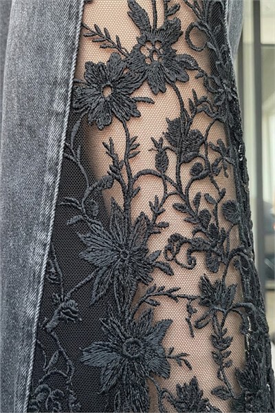 Siyah Yıkamalı Dantelli Vintage Baggy Pantolon
