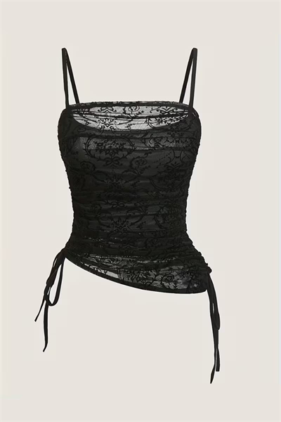 Siyah Transparan Dantelli Desenli Gotik Y2K Askılı Crop