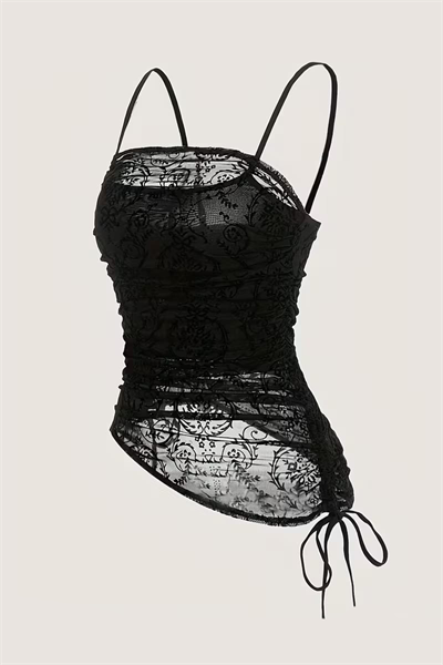 Siyah Transparan Dantelli Desenli Gotik Y2K Askılı Crop