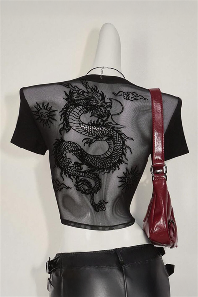 Siyah Transparan Dragon Y2K Kısa Kollu Crop