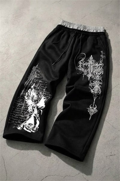 Siyah Tribal Angel Gotik Harajuku Ek Detaylı Y2K Unisex Eşofman