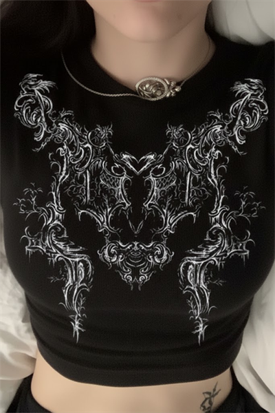 Siyah Tribal Baskılı Gotik Y2K Kısa Kollu Crop