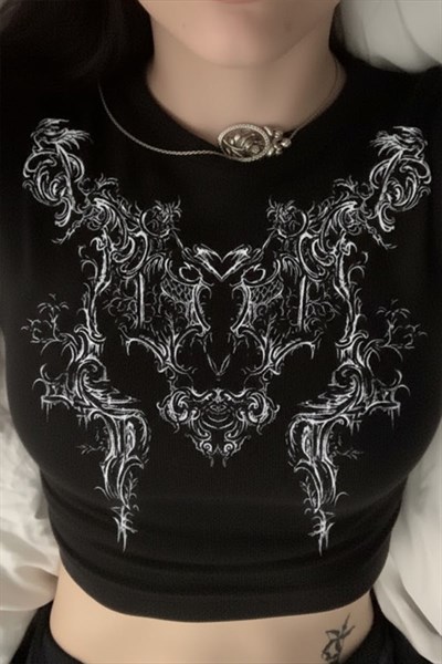 Siyah Tribal Baskılı Gotik Y2K Kısa Kollu Crop 