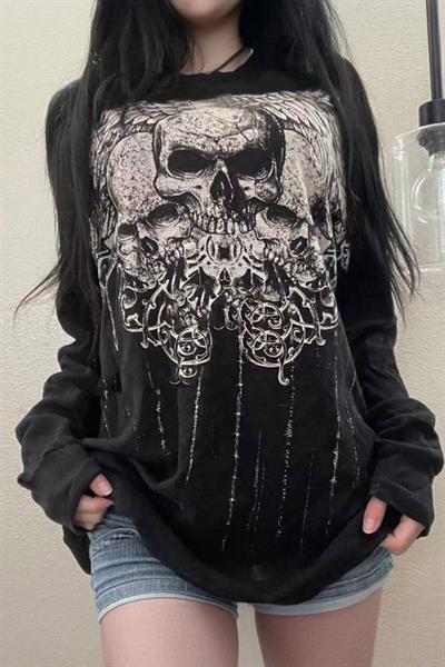 Siyah Tribal Skulls Gotik Y2K Unisex Sweatshirt