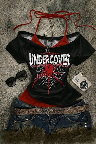 Siyah Undercover Spider Gotik Kırmızı Ek Askılı Y2K Kısa Kollu Crop