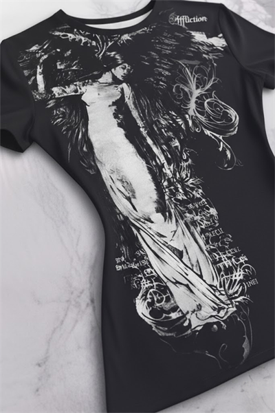 Siyah Vintage Angel Affliction Cyber Grunge Y2K Kısa Kollu Crop