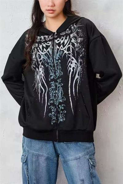 Siyah Vintage Gothic Cyber Grunge Unisex Kapüşonlu Hırka