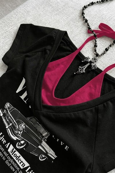 Siyah Vintage Modern Life Ek Askılı Y2K Kısa Kollu Crop
