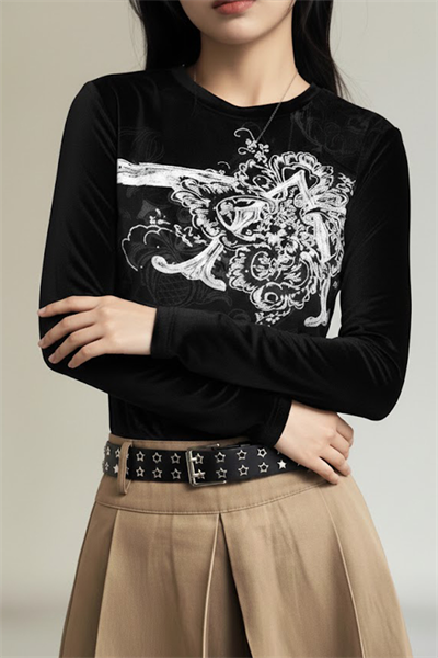 Siyah Vintage Punk Patterned Y2K Uzun Kollu Crop