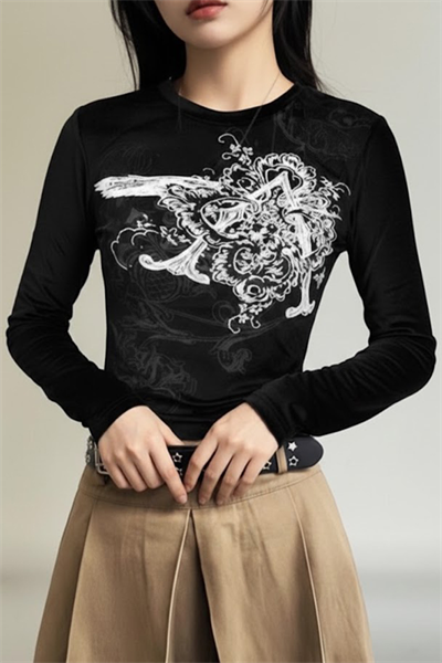 Siyah Vintage Punk Patterned Y2K Uzun Kollu Crop