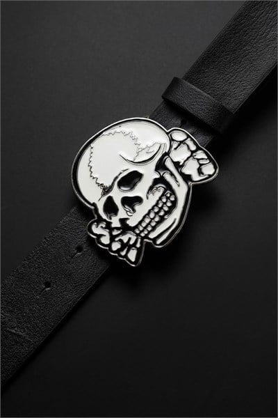 Siyah White Enamel SKull Deri Kemer