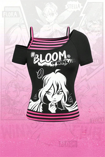 Siyah Winx Club Bloom Ek Askılı Y2K Kısa Kollu Crop