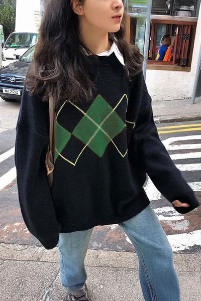 Siyah Yeşil Baklava Desen Ekose Oversize Kazak
