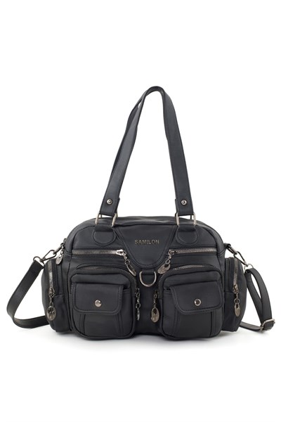 Siyah Yıkama Çok Cepli Deri Çanta