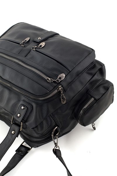 Siyah Yıkama Deri Çok Bölmeli Çanta