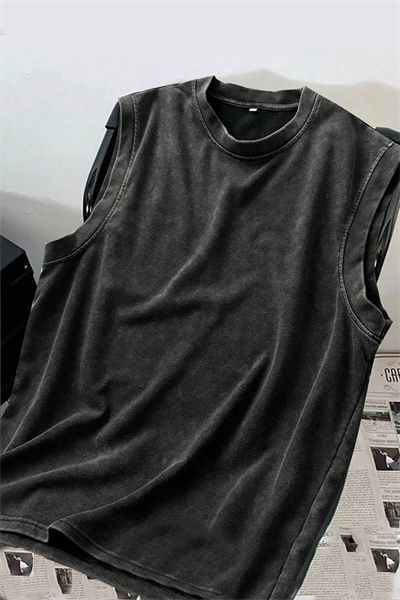 Siyah Yıkamalı Harajuku Kolsuz Unisex Kolsuz T-shirt