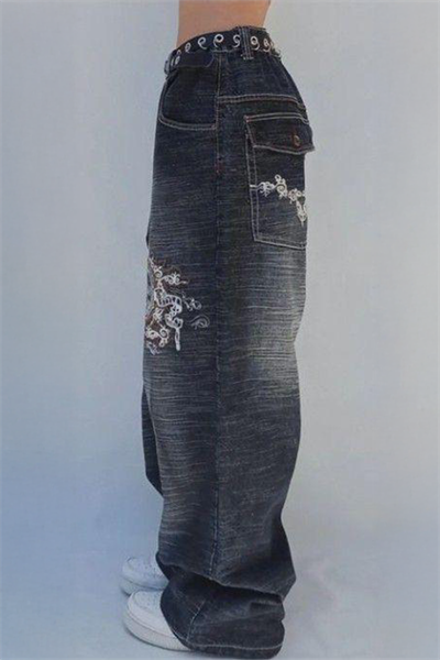 Siyah Yıkamalı P Patchli Vintage Baggy Y2K Pantolon