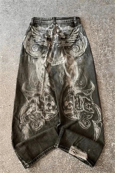 Siyah Yıkamalı Shadow Spine Yırtık Detaylı Gotik Y2K Unisex Baggy Pantolon