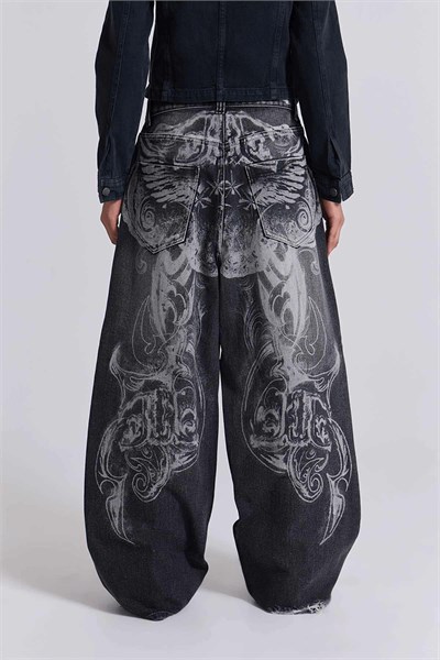Siyah Yıkamalı Shadow Spine Yırtık Detaylı Gotik Y2K Unisex Baggy Pantolon