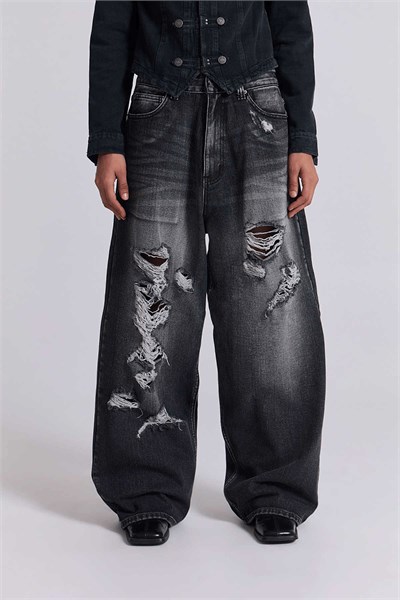 Siyah Yıkamalı Shadow Spine Yırtık Detaylı Gotik Y2K Unisex Baggy Pantolon
