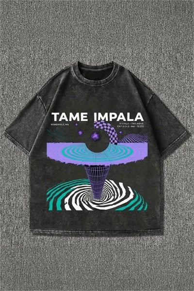 Siyah Yıkamalı Tame Impala Vintage Y2K Unisex T-Shirt