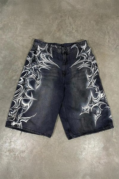 Siyah Yıkamalı Tribal Grafiti Gotik Y2K Unisex Şortolon