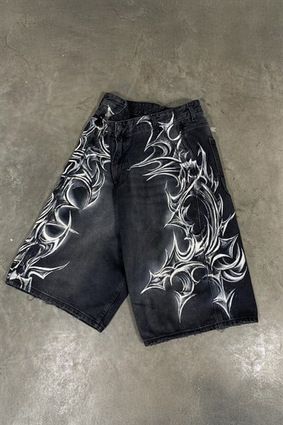 Siyah Yıkamalı Tribal Grafiti Gotik Y2K Unisex Şortolon