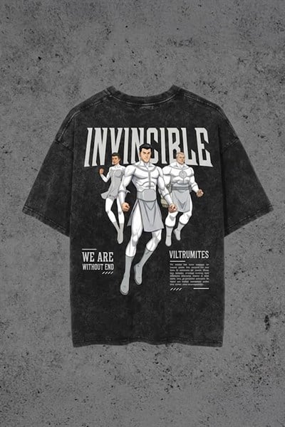 Siyah Yıkamalı Viltrumite Baskılı Acid Wash Unisex T-Shirt