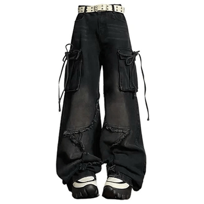 Siyah Yıldız Yamalı Vintage Kargo Cepli Baggy Kot Pantolon