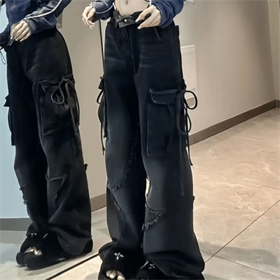 Siyah Yıldız Yamalı Vintage Kargo Cepli Baggy Kot Pantolon