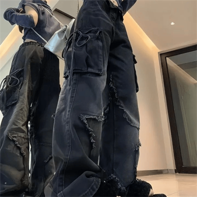 Siyah Yıldız Yamalı Vintage Kargo Cepli Baggy Kot Pantolon