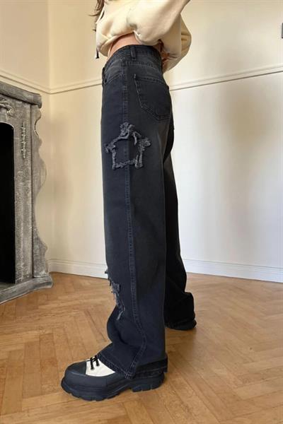 Siyah Yıldız Yamalı Vintage Kot Baggy Pantolon