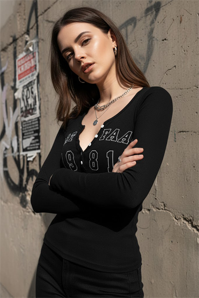 Vintage Siyah Waat Faak Rock More Uzun Kollu Crop 