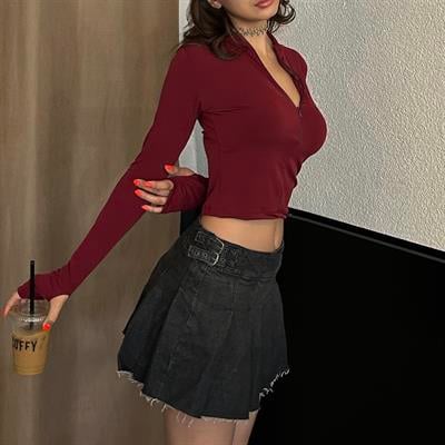 Bordo Balıkçı Yaka Yarım Fermuarlı Kesik Parmaklı Uzun Kollu Crop