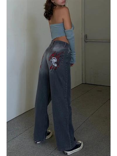 Yeni Gri Double Fire Skull Streetwear Yıkamalı Jean Pantolon