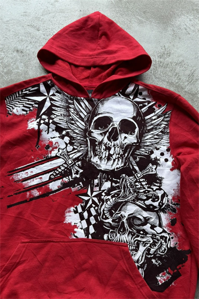 Kırmızı Affliction Ancient Skull And Dagger Kapüşonlu Unisex Sweatshirt