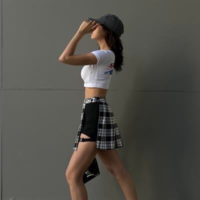 Yeni Siyah Beyaz Ekoseli Kemerli Mini Şortlu Etek