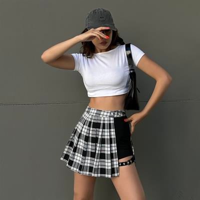 Yeni Siyah Beyaz Ekoseli Kemerli Mini Şortlu Etek