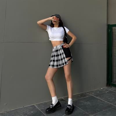 Yeni Siyah Beyaz Ekoseli Kemerli Mini Şortlu Etek