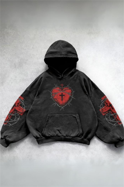 Yeni Siyah Gothic Barbed Wire Heart Cross Kapüşonlu Sweatshirt