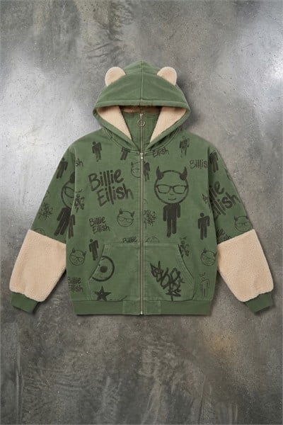 Yeşil Billie Elish Kulaklı Peluş Y2K Unisex Hırka