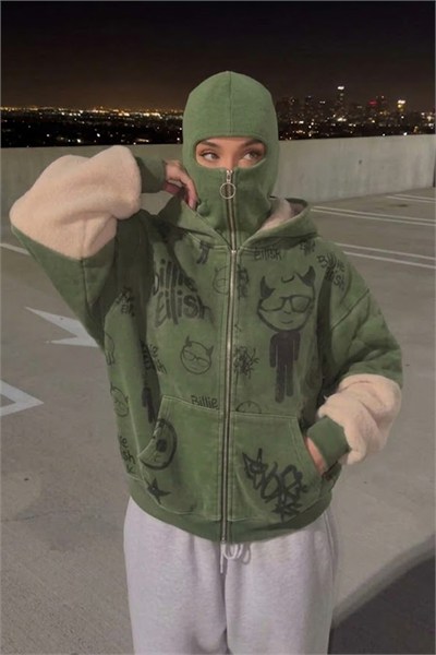 Yeşil Billie Elish Kulaklı Peluş Y2K Unisex Hırka