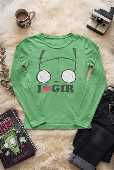 Yeşil I Love Invader Zim GIR Y2K Uzun Kollu Crop