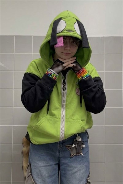 Yeşil Invader Zim Gir Kulaklı Y2K Unisex Hırka