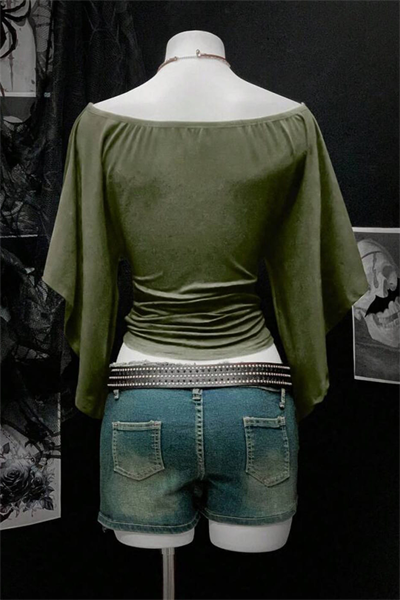 Yeşil Madonna Yaka Yarasa Kol Düz Y2K Uzun Kollu Crop