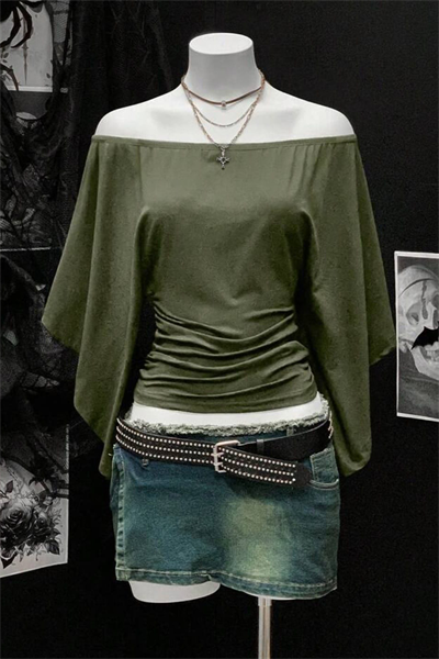 Yeşil Madonna Yaka Yarasa Kol Düz Y2K Uzun Kollu Crop