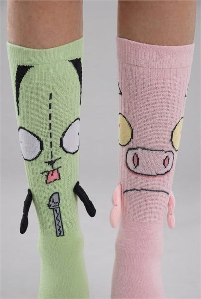 Yeşil Pembe Invader Zim Gir & Piggy Unisex Çorap
