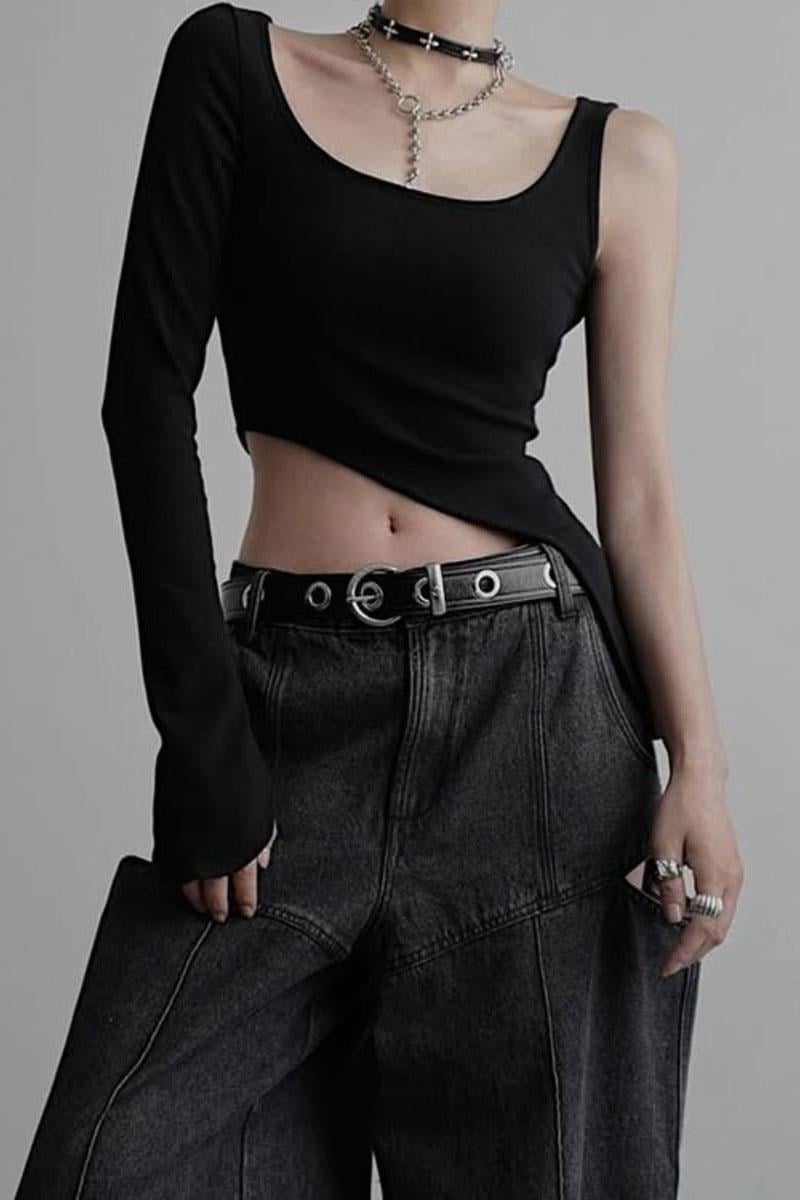 Siyah Kare yaka Tek Gotik Y2K Uzun Kollu Crop