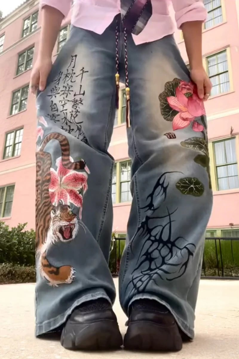 Mavi Yıkama Kanji ve Lotus Baskılı Grunge Y2K Unisex Baggy Pantolon