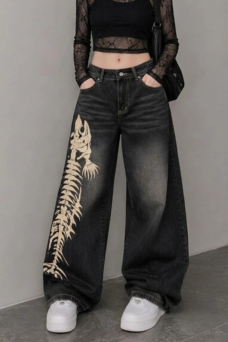 Siyah Taşlamalı Fish Skeleton Gotik Y2K Unisex Baggy Pantolon